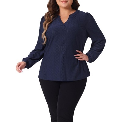 Agnes Orinda Women's Plus Size Hollow V Neck Puff Long Sleeve Loose Dressy Casual Blouses
