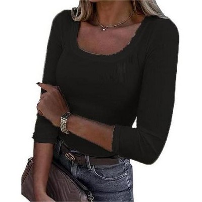 3/4 Sleeve Shirts for Women Square Neck Slim Fit Casual Ribbed Tops Solid Color Undershirts Basic Fashion Tees