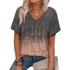 Women's Tops 2025 V Neck Short Sleeve T Shirts Trendy Dressy Vacation Outfits Printed Casual Blouse - 1 of 4