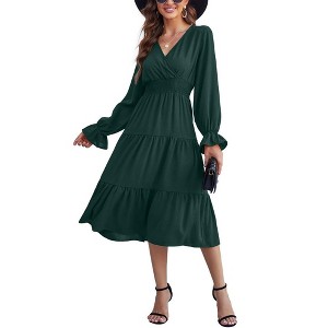 Women's Casual Wrap V Neck Midi Dress Long Sleeve Smocked Waist Tiered A Line Pleated Flowy Long Dress - 1 of 4