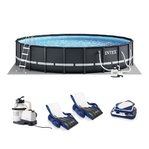 Intex 20' x 48" Round Ultra XTR Frame Above Ground Swimming Pool Set with Set of 2 Inflatable Reclining Lounge Chairs & Mega Chill II Floating Cooler - 1 of 4
