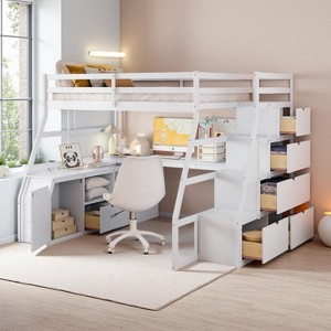 Polibi Full Size Loft Bed with Desk, 7 Drawers, Storage Staircase & Cabinet - 1 of 4