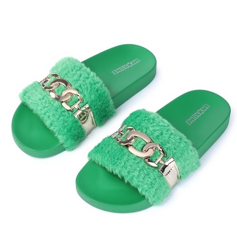 Womens Furry Slippers Open Toe House Casual Flat Slides Sandals Indoor Outdoor - image 1 of 4