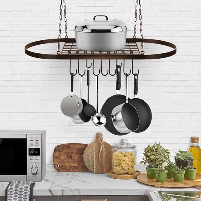Bronze Oval Metal Ceiling Pot and Pan Rack with Hooks