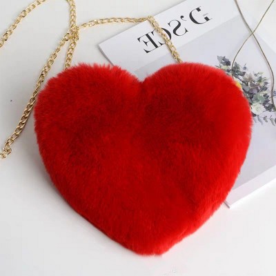 Boersma Plush Heart Shoulder Bag for Women – Soft Chain Crossbody Purse, Valentine's Day Party Clutch, Cute Furry Handbag Gift