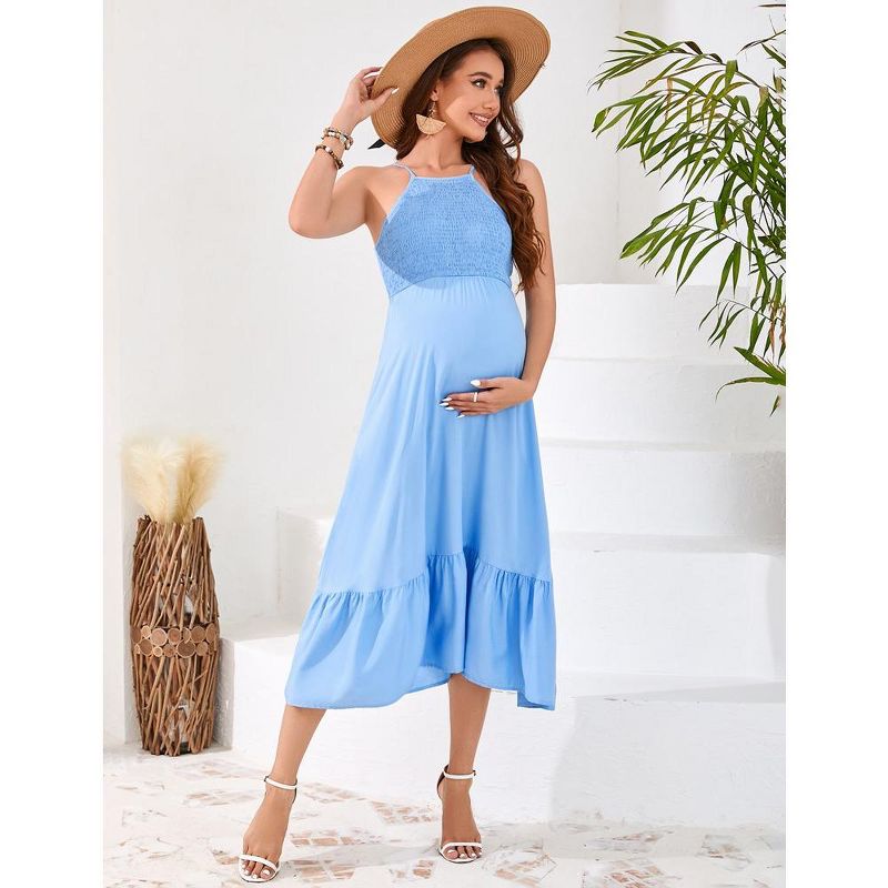 Maternity Halter Neck Dress Sleeveless Summer Casual Smocked Spaghetti Strap Maxi Dress Photoshoot Baby Shower, 3 of 9