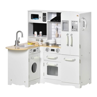 Qaba Large Play Kitchen with Full Set of Appliances for a Modern Day Pretend Kitchen, Tons of Storage, Corner Play Kitchen Set with Sound Effect, Educational Pretend Role Playset Game