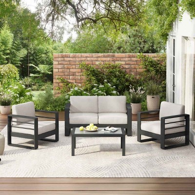 4 Piece Aluminum Outdoor Chat Set with Cushions,Modern Patio Conversation Set with Glass Table,Rust Resistant Patio Furniture Set-Cuddlewood