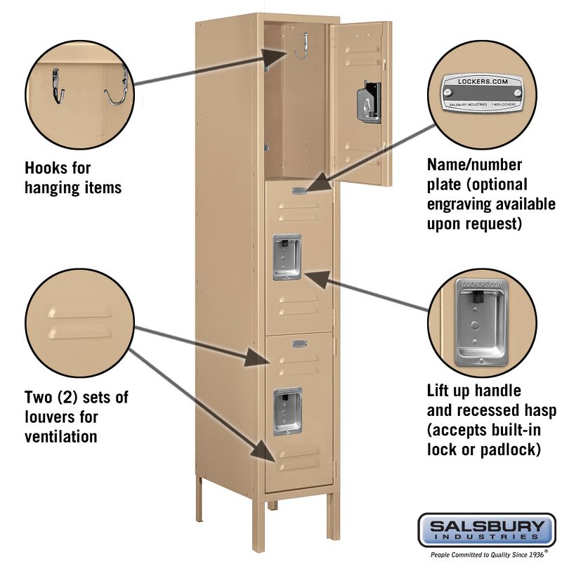 Salsbury Industries Assembled 3-Tier Standard Metal Locker with One Wide Storage Unit, 5-Feet High by 15-Inch Deep, Tan, 2 of 5