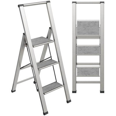 Step Ladder Modern  - Beautiful Gray Wood - Silver & Black Aluminum  - By SORFEY