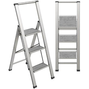 Step Ladder Modern  - Beautiful Gray Wood - Silver & Black Aluminum  - By SORFEY - 1 of 4