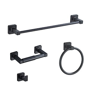Itopfox Matte Black Bathroom Hardware Set, 4-Piece Stainless Steel Wall Mounted Towel Bar, Ring, Hooks & Toilet Paper Holder - 1 of 4