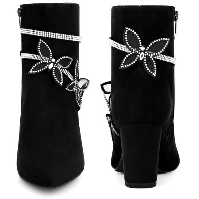 BLISSFUL STEP Butterfly Rhinestone Strap Chunky Heels Ankle Booties for Women