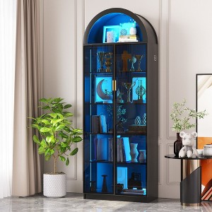 Fredees Arch Display Cabinet with Doors, 76" Tall 6-Tier Bookcase with Adjustable Shelves & 3-Color LED Lights for Collectibles and Office - 1 of 4