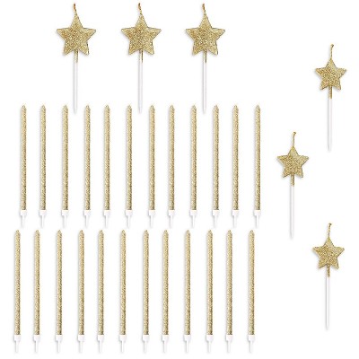 Blue Panda 30-Piece Gold Glitter Star Shaped Cake Topper & Tall Birthday Cake Candles Party Decorations