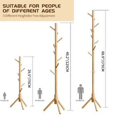 LunaLulinlk Coat Rack Freestanding,Wooden Coat Tree with 8 Hooks and 3 Adjustable Section Height （Log）