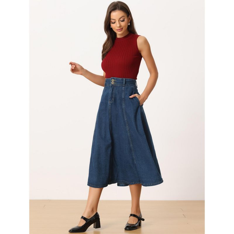 Allegra K Women's Long High Rise Button Front A-line Classic Jean Skirts, 2 of 6