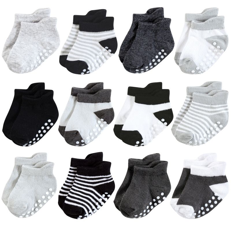 Hudson Baby Infant Boy Non-Skid No-Show Socks, Black White Stripes, 1 of 10