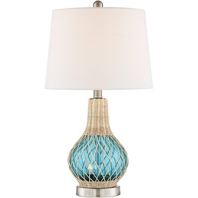 360 Lighting Coastal Accent Table Lamp with Nightlight LED 22.75" High Rope Blue Glass Gourd White Fabric Drum Shade for Living Room Bedroom