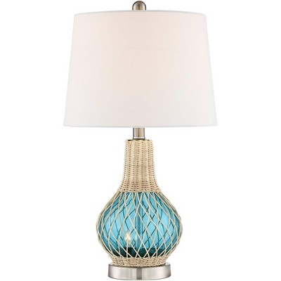 360 Lighting Coastal Accent Table Lamp with Nightlight LED Rope Blue Glass Gourd White Fabric Drum Shade for Living Room Bedroom