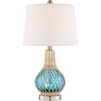 360 Lighting Alana Coastal Accent Table Lamp 22 3/4" High Rope Blue Glass Gourd with Nightlight LED White Fabric Drum Shade for Bedroom Living Room