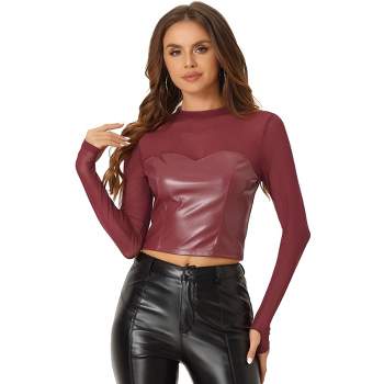 Allegra K Women's Faux Leather Mesh Long Sleeve Stand Collar Blouses