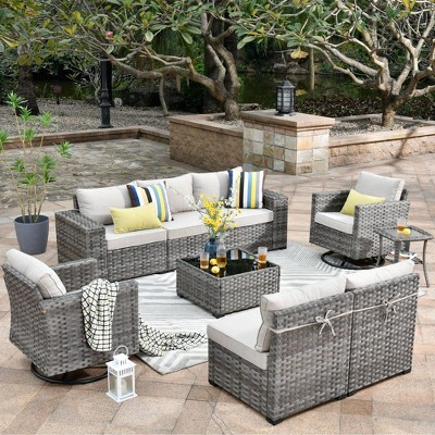 XIZZI 9PCS Patio Furniture Set with Sectional Sofa, All Weather PE Wicker Conversation Couch Set with Swivel Rocking Chairs and Side Table