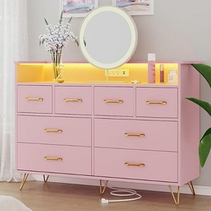 Pink Dresser for Bedroom with LED Light & Charging Station, 8 Drawers Wooden Dressers ,  for Girls Bedroom Living Room, Entryway, Hallway - 1 of 4