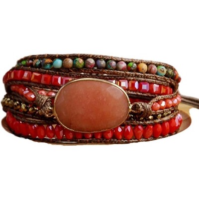 Women's Wrap Bracelet with Natural Jasper Crystal Stone Beads, Bohemian Leather Strand Bracelet
