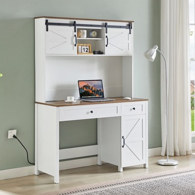 CAVINAS Rustic Farmhouse Office Desk with Charging Station,Wooden Computer Desk with Drawers,File Cabinet and Storage for Home Office,White