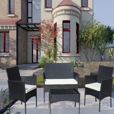 Outdoor 4 Pcs Patio Furniture Set, Sofas with Loveseat and Glass Top Table, Sofa Set with 4 Seaters, Rattan Sofas with PE Cushions-Coolbibila