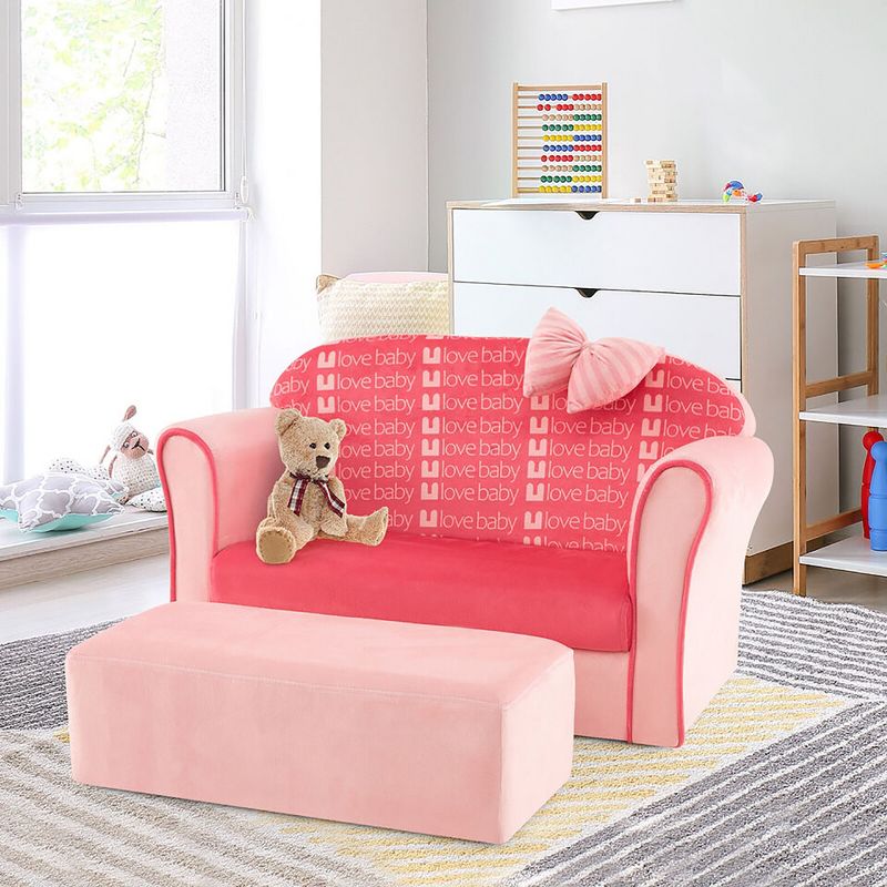 Tangkula Kids Double Sofa Velvet Upholstered Sofa Couch w/Footstool & Armrests Pink, 2 of 10