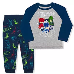 PJ Masks Boy's 2-Pack Heroes Rule Long Sleeve Graphic Tee and Patterned Jogger Pants Set, Navy, Size 5