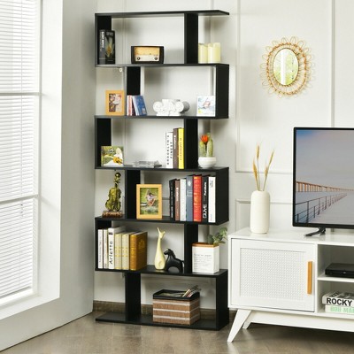 Black Tall S-Shaped Wooden 6-Tier Bookshelf