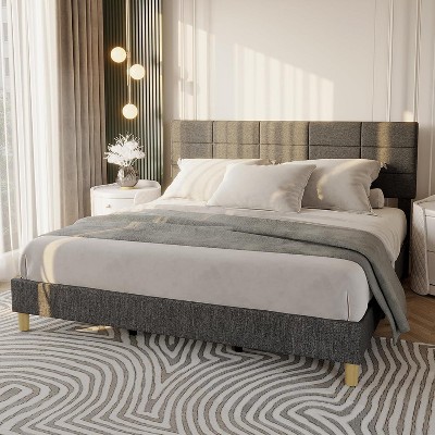 Queen Size Wood Bed Frame, Upholstered Platform Bed with Adjustable Headboard, Sturdy Wooden Slats, No Box Spring Needed, Grey