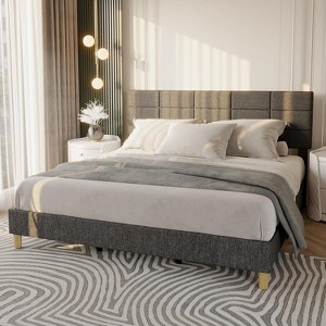 Queen Size Wood Bed Frame, Upholstered Platform Bed with Adjustable Headboard, Sturdy Wooden Slats, No Box Spring Needed, Grey - 1 of 4
