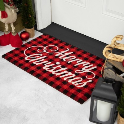 Red and Black Plaid Merry Christmas Coir Outdoor Doormat