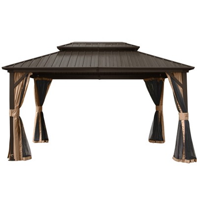Gloweer Hardtop Gazebo, Outdoor Aluminum Frame Canopy with Galvanized Steel Roof, Permanent Metal Pavilion with Curtains and Netting