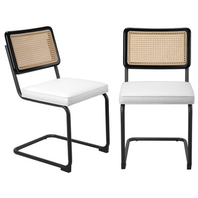 COWLOWN Beige 2 Piece Mid - Century Rattan Dining Chairs with Chrome Metal Legs, Cane Back, and Upholstered Cushions for Home Kitchen & Dining