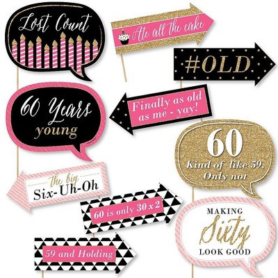 Big Dot of Happiness Funny Chic 60th Birthday - Pink, Black and Gold - Birthday Party Photo Booth Props Kit - 10 Piece