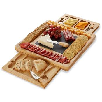 Casafield Bamboo Cheese Cutting Board with Removable Slate Cheese Plate, Stainless Steel Knives, and Slide-Out Snack Trays