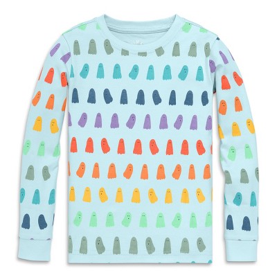 Primary Kids Organic Long Sleeve PJ Top in Rainbow Ghosts in Saltwater Rainbow Ghosts Size 3