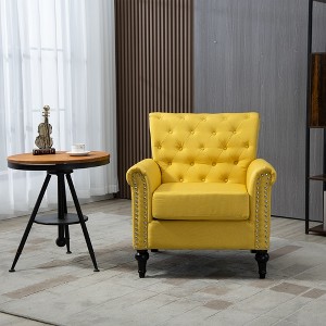 Mid-Century Modern Accent Chair, Linen Armchair w/Tufted Back/Wood Legs, Upholstered Lounge Arm Chair Single Sofa - 1 of 4