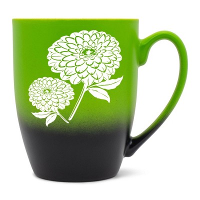 Elanze Designs Botanical Floral Nature Coffee Cup Mug 12 Ounce Ceramic With Ombre Gradient Elegant Minimalist Zinnia Flower Silhouette Green and Black