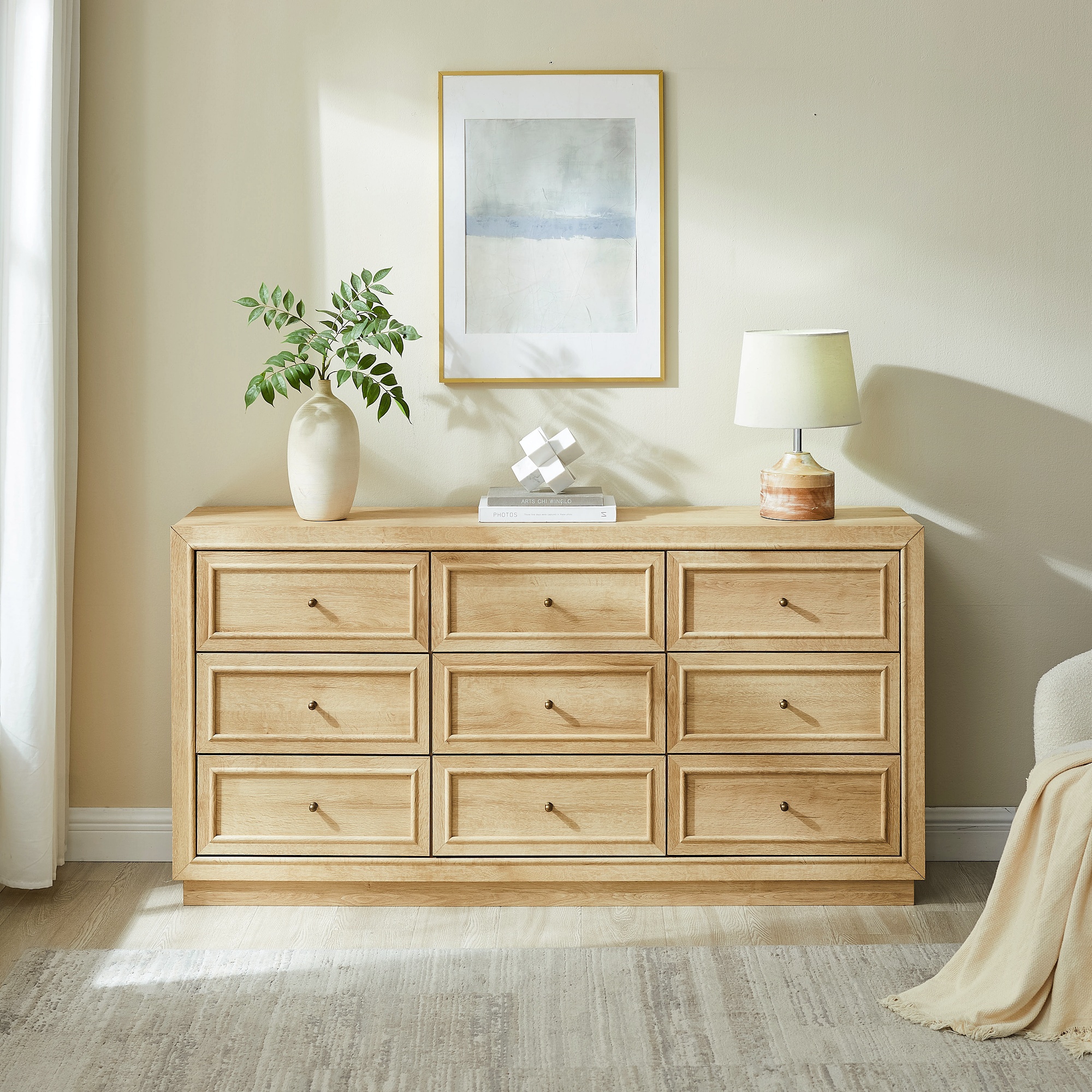 9 Drawer Dresser for Bedroom, 63" Mid-Century Modern Wood Chest of Drawers with Metal Handles, Storage Organizer Cabinet for Living Room, Natural