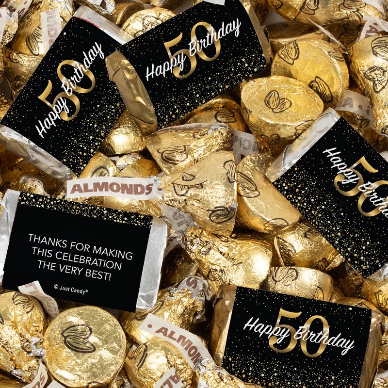 131 Pcs 50th Birthday Candy Party Favors Hershey's Miniatures and Gold Almond Kisses by Just Candy (1.65 lbs), 1 of 3