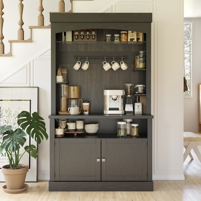 72"Farmhouse Kitchen Sideboard,Coffee Bar Cabinet with LED,Tall Buffet Cabinet with Microwave Stand/Wine Rack/Glass Shelf Dining Room