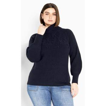 Women's Plus Size Elsa Pom Pom Sweater - navy | AVENUE