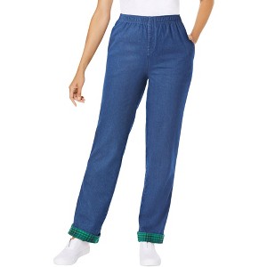 Woman Within Elastic-Waist Cotton Straight Leg Denim Pant With Flannel Lining - 1 of 3