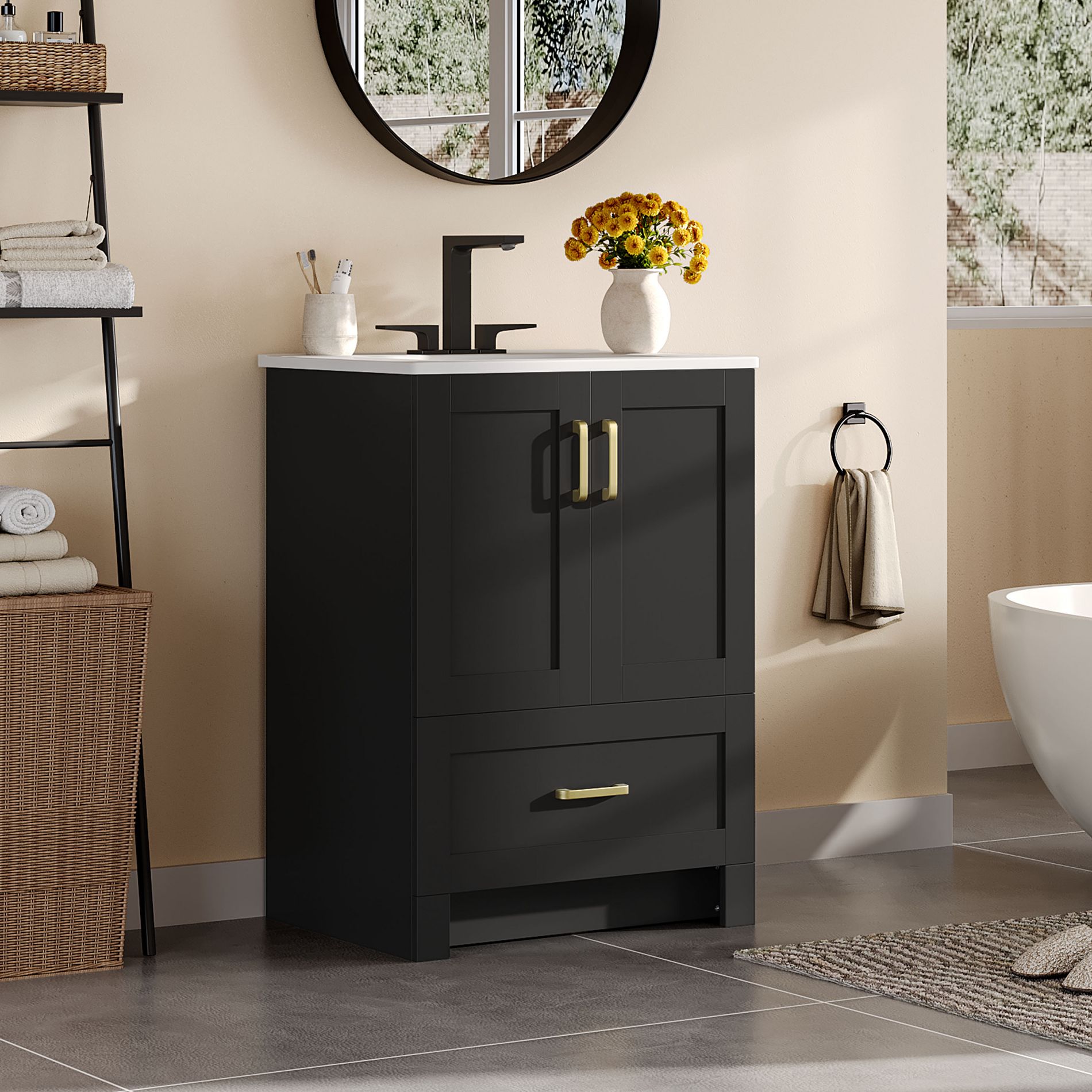 Yaheetech 34inch Floor Bathroom Vanity Wooden Bathroom Storage Cabinet with Sink